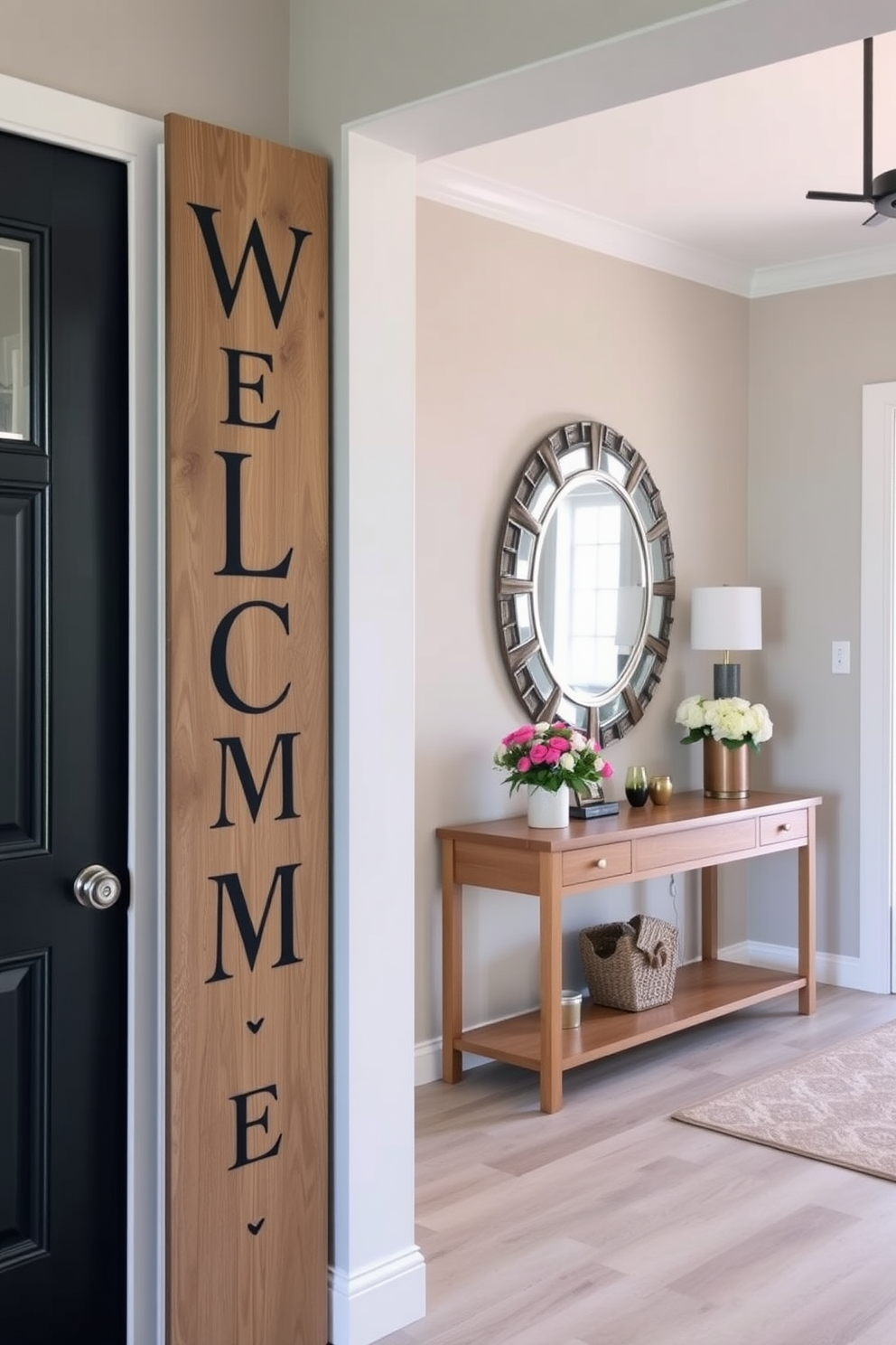 A personalized welcome sign is prominently displayed at the entrance, crafted from reclaimed wood with elegant lettering. The foyer features a stylish console table adorned with fresh flowers and a decorative mirror, creating an inviting atmosphere.