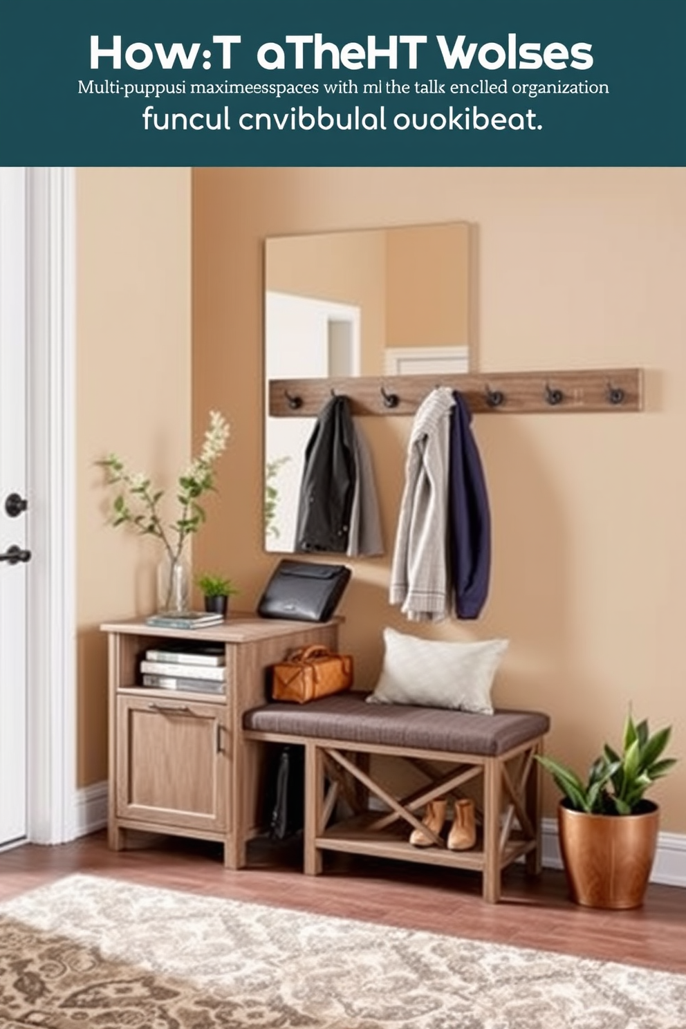 A functional entryway featuring multi-purpose furniture that maximizes space and enhances organization. The design includes a sleek console table with built-in storage, a stylish bench for seating, and hooks for hanging coats and bags. The walls are painted in a warm neutral tone, complemented by a large mirror that reflects light and creates an inviting atmosphere. A decorative rug adds texture, while potted plants bring a touch of nature to the space.