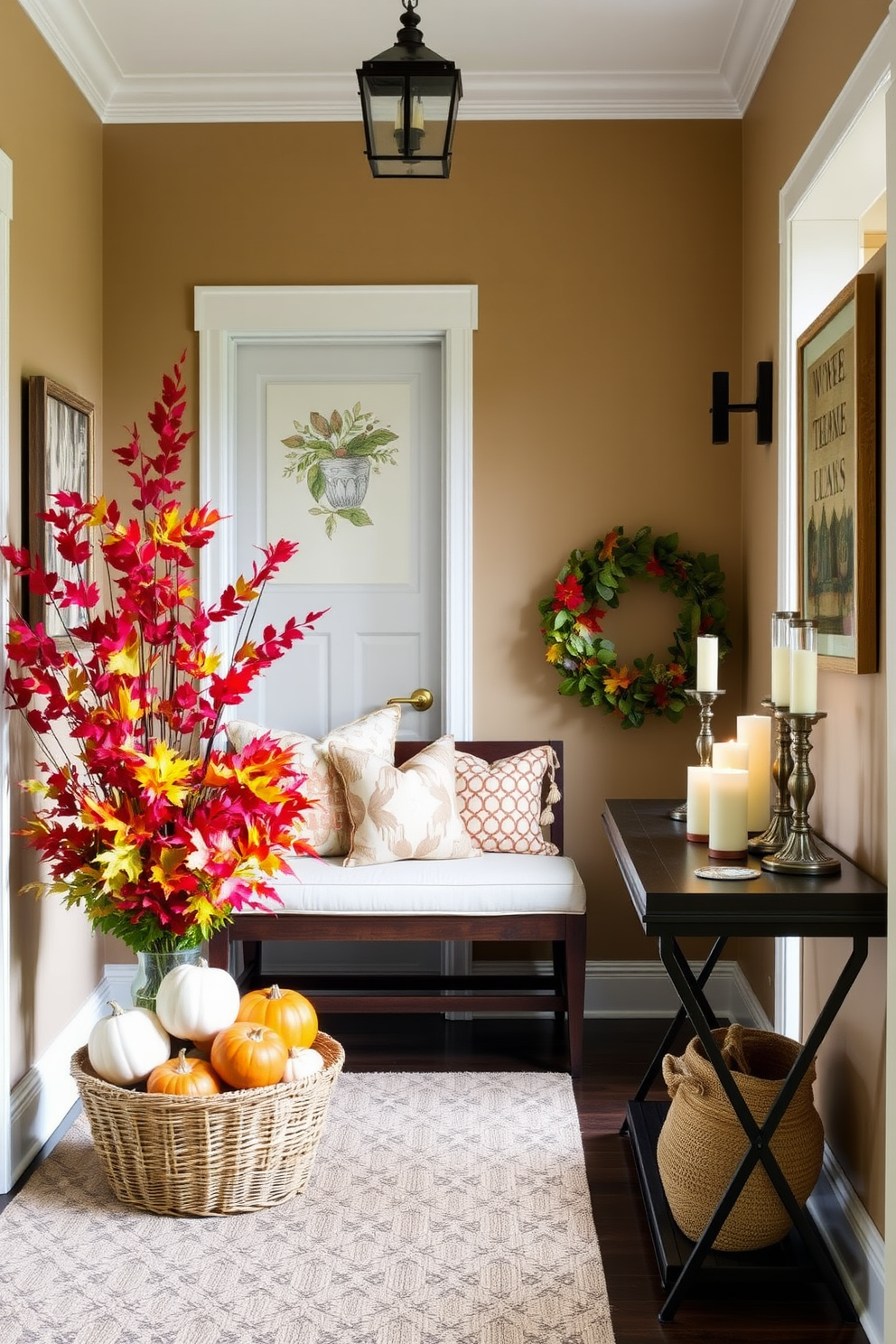 A welcoming entrance foyer adorned with seasonal decor that reflects the current time of year. The space features a vibrant arrangement of autumn leaves and pumpkins in a decorative basket, complemented by a cozy bench with soft cushions. The walls are painted in a warm neutral tone, creating a backdrop for seasonal artwork. A stylish console table displays a collection of candles and a seasonal wreath, inviting guests to feel at home.