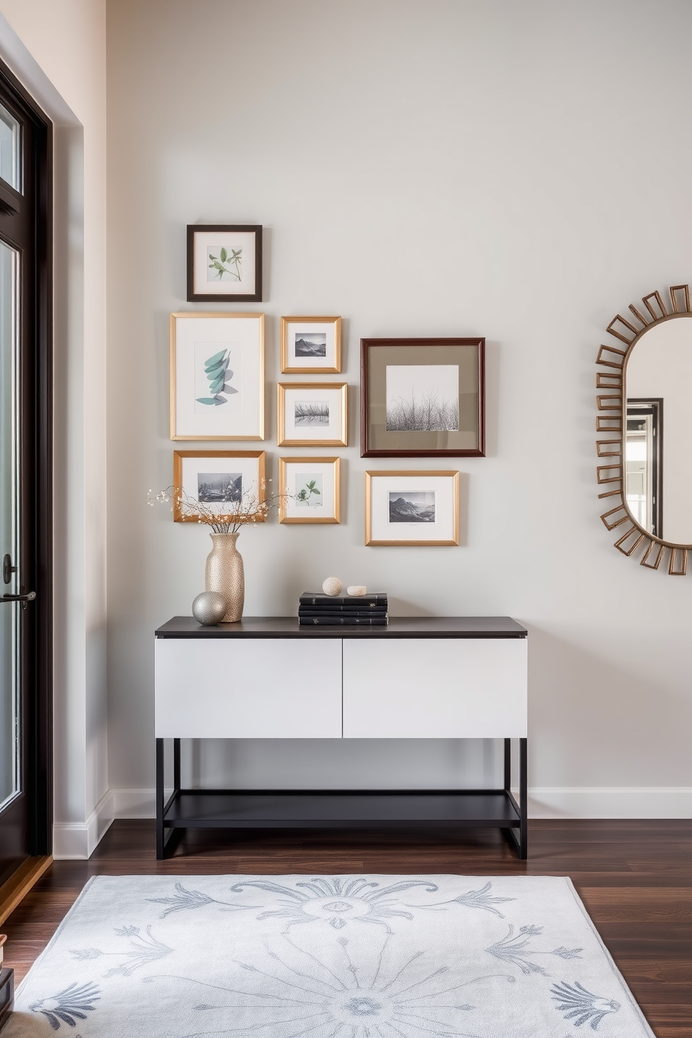 A charming entrance foyer that welcomes guests with a playful atmosphere. The space features a statement console table adorned with colorful decorative items and a vibrant artwork that adds character to the walls. To the left, a whimsical coat rack shaped like a tree provides functionality while enhancing the design. The flooring is a mix of bold patterned tiles that create an inviting contrast with the soft pastel colors of the walls.