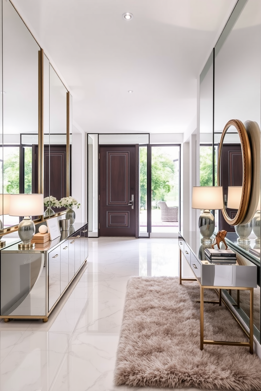 A grand entrance foyer with mirrored accents that enhance the sense of space and depth. The walls are adorned with large, elegant mirrors that reflect light and create a welcoming atmosphere. A stylish console table sits against one wall, topped with decorative items and a statement lamp. The flooring is a polished marble, complemented by a plush area rug that adds warmth and texture to the space.