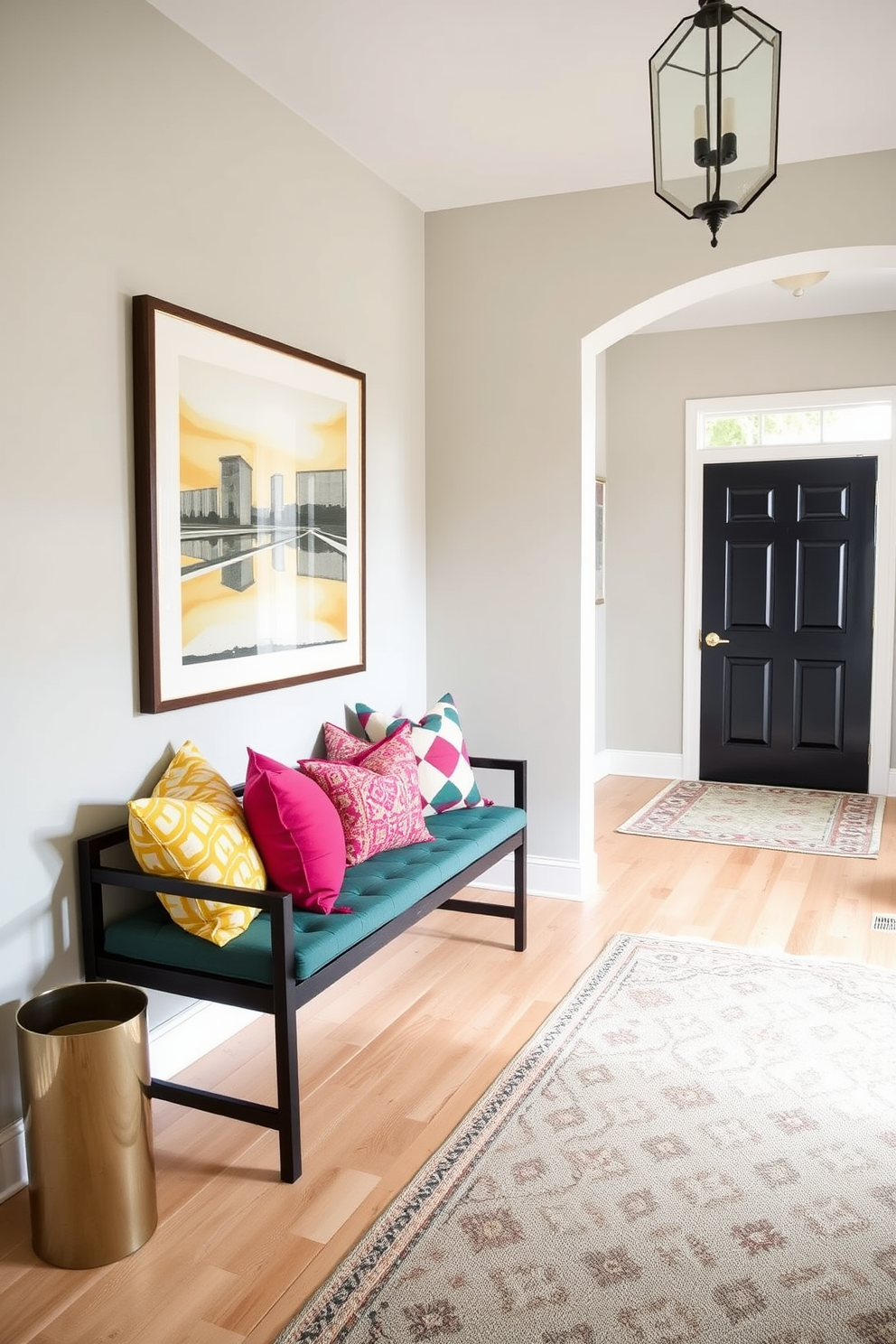 A stylish console table is positioned against the wall in the entrance foyer, showcasing a sleek design with a glossy finish. Above the table, a large round mirror reflects natural light, enhancing the space's openness and elegance. Flanking the console table are two decorative lamps that provide a warm glow, adding to the inviting atmosphere. The walls are painted in a soft beige tone, while a textured area rug lies beneath, creating a cozy welcome as guests enter.