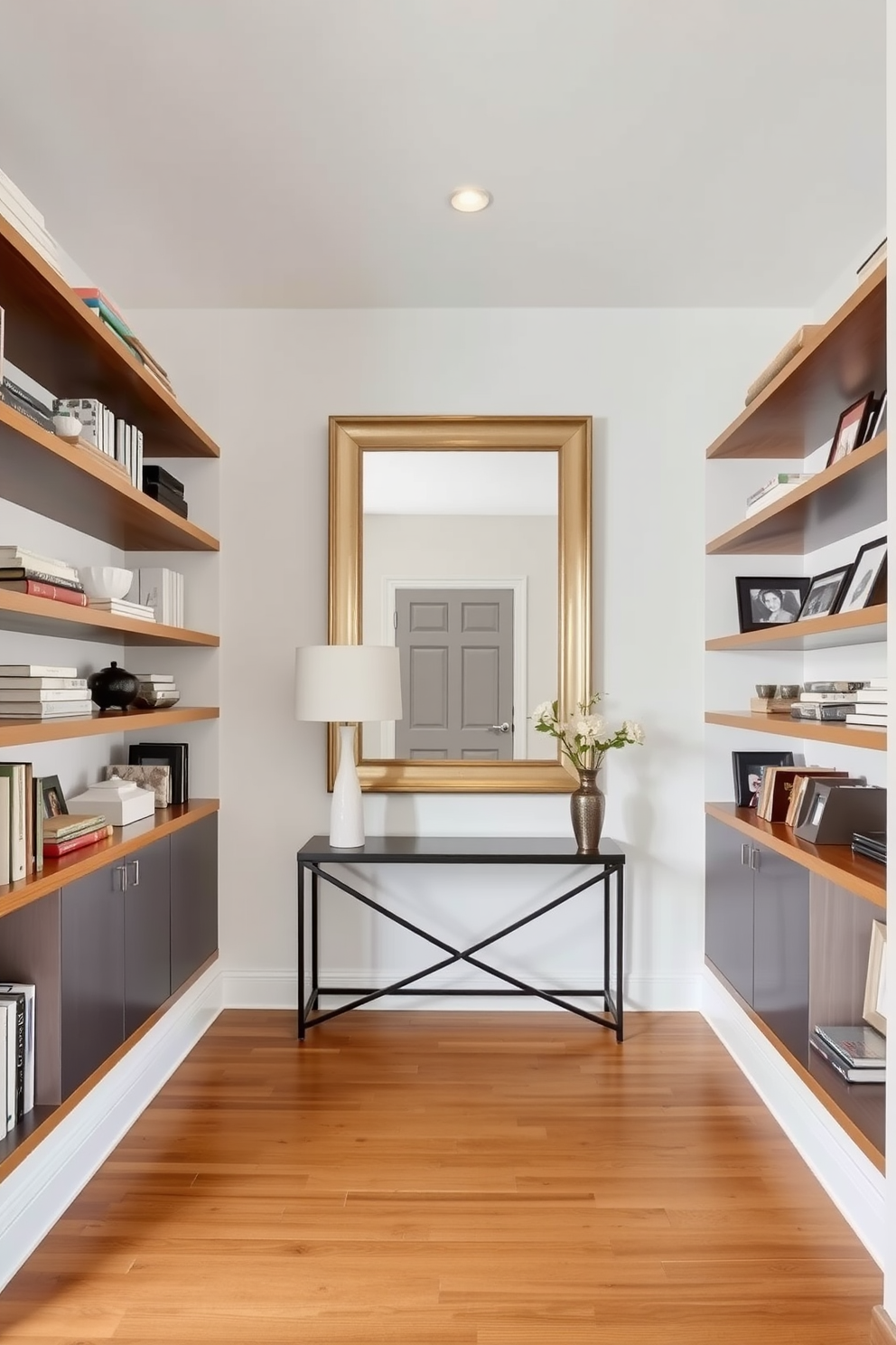 Open shelving lines the walls of the entrance foyer, showcasing an array of decorative items such as books, vases, and framed photographs. The flooring is a rich hardwood, and a stylish console table sits beneath a large statement mirror, creating an inviting focal point.