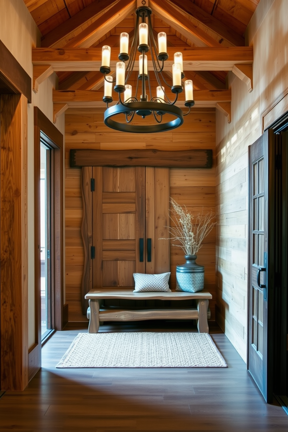 Rustic wood accents create a warm and inviting atmosphere in the entrance foyer. A large wooden door with intricate carvings opens into a space featuring exposed wooden beams and a reclaimed wood bench. The walls are adorned with natural wood paneling, complemented by a woven area rug that adds texture. A statement chandelier made of wrought iron and wood hangs from the ceiling, casting a soft glow over the foyer.