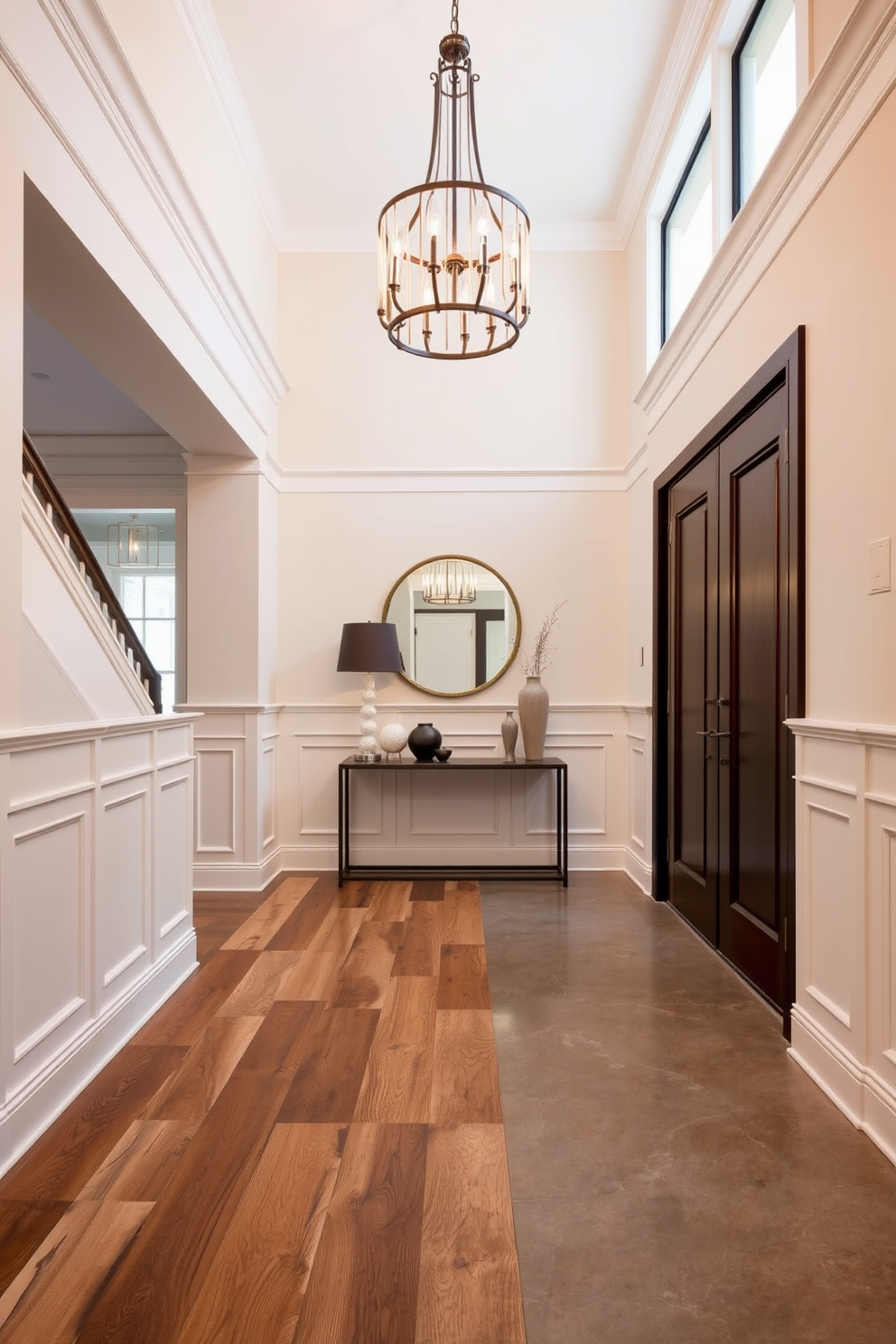 A stunning entrance foyer with unique flooring materials that add character. The floor features a combination of reclaimed wood planks and polished concrete tiles, creating an inviting and modern atmosphere. The walls are adorned with elegant wainscoting painted in a soft cream color. A statement chandelier hangs from the ceiling, illuminating the space and highlighting a stylish console table with decorative accents.