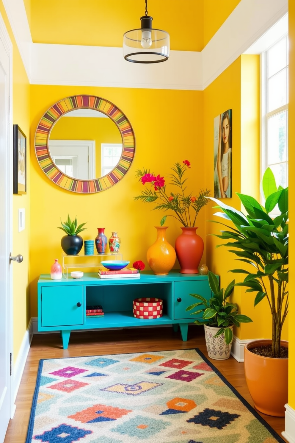 A vibrant entrance foyer filled with bright colors to energize the space. The walls are painted in a cheerful yellow, complemented by a bold turquoise console table adorned with colorful decorative objects. A large round mirror with a colorful frame hangs above the console, reflecting the natural light from a nearby window. A stylish area rug with geometric patterns in lively hues anchors the space, while potted plants add a touch of greenery and freshness.