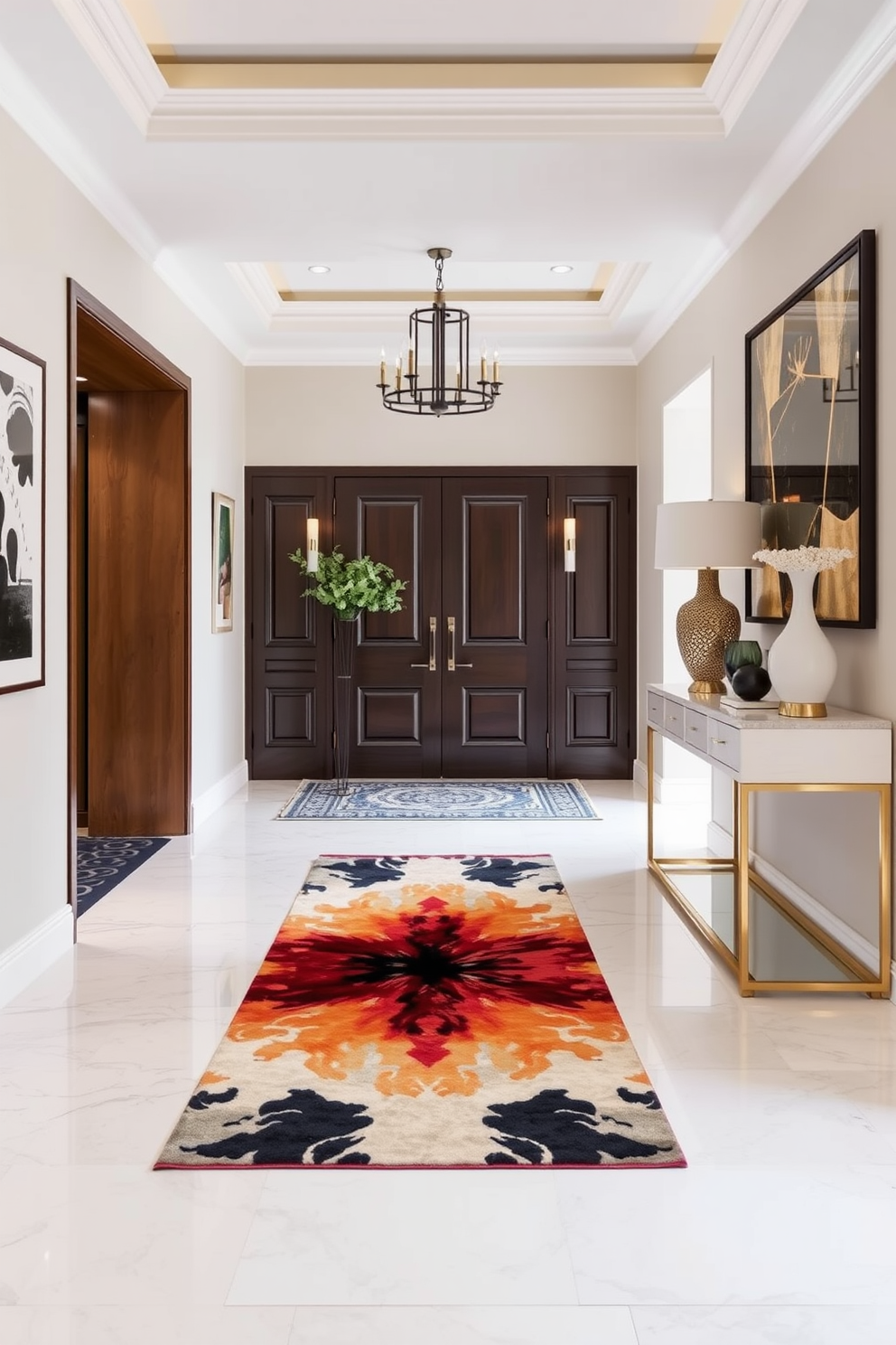 A grand entrance foyer featuring a large mirror that reflects natural light, creating an inviting and spacious atmosphere. The walls are adorned with elegant wallpaper, and a stylish console table is placed beneath the mirror, complemented by decorative accents.