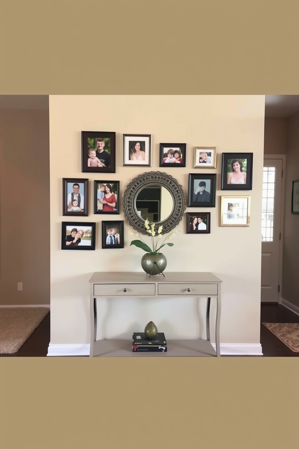 A gallery wall of family photos showcases a variety of framed pictures in different sizes and styles. The wall is painted in a soft beige color, providing a warm backdrop to the cherished memories. The entrance foyer features a stylish console table with a decorative mirror above it. A plush area rug lies beneath the table, adding texture and inviting warmth to the space.