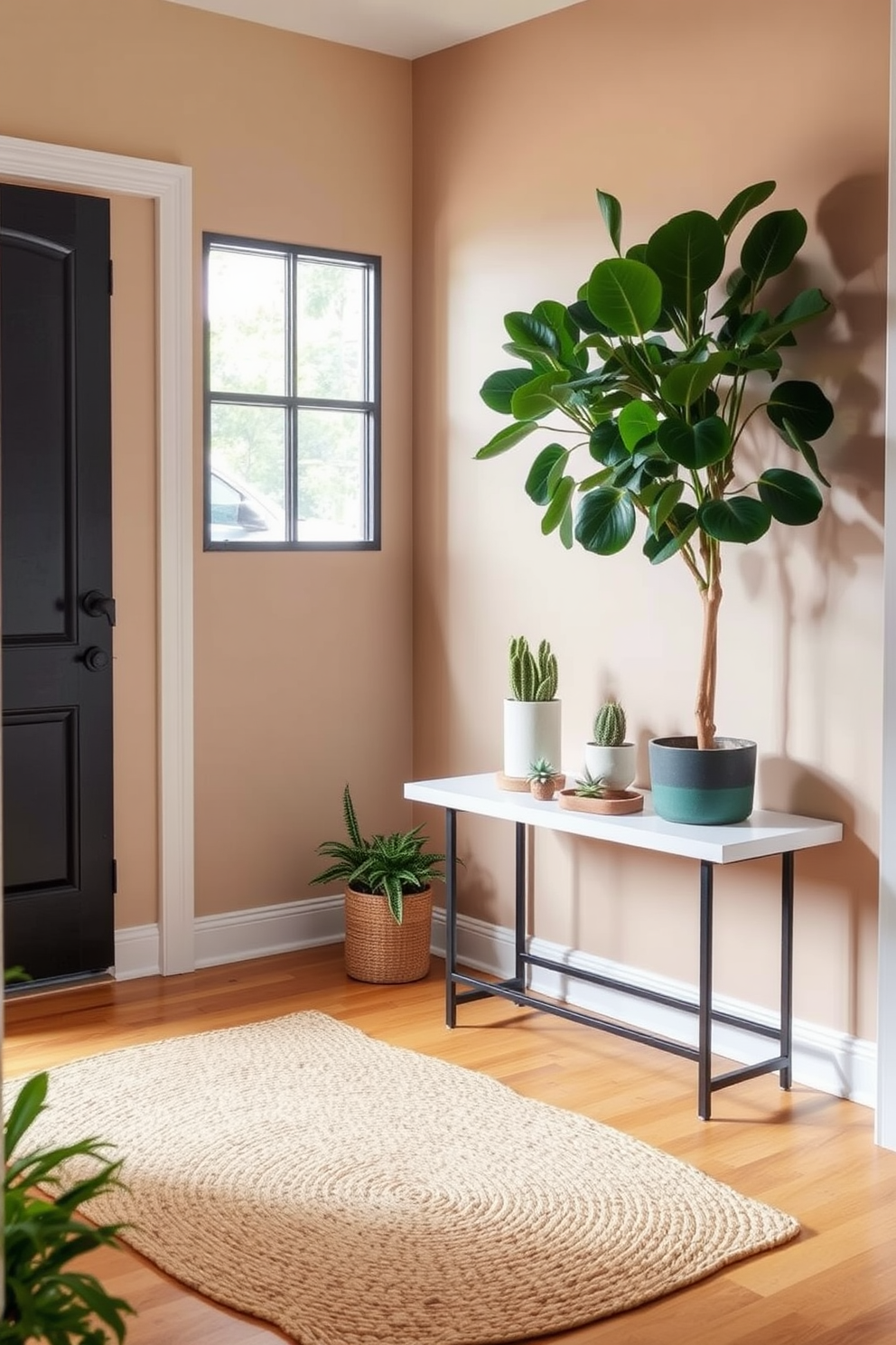 A welcoming entrance foyer adorned with floating shelves showcasing decorative items. The walls are painted in a soft beige hue, creating a warm and inviting atmosphere.