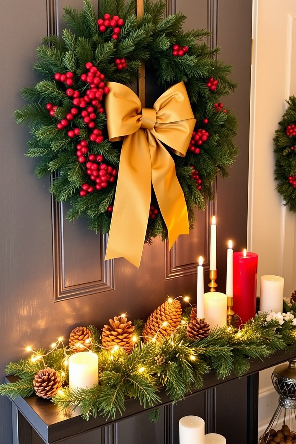 A festive wreath adorned with red berries and a large gold bow hangs on the front door, welcoming guests with holiday cheer. The entryway features a beautifully decorated console table topped with twinkling fairy lights and a collection of pinecones and candles in varying heights.