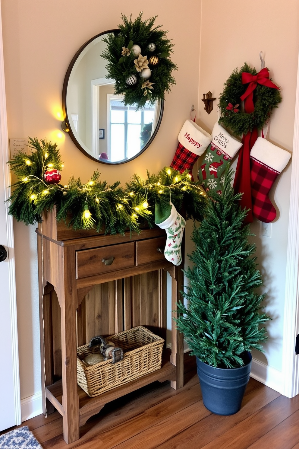 A cozy entryway adorned for Christmas. There's a rustic wooden console table against the wall, topped with a festive garland and twinkling fairy lights, creating a warm ambiance. Hanging stockings are placed on the wall hooks next to the table, each uniquely designed with holiday patterns. A small potted evergreen tree sits beside the console, adding a touch of greenery to the festive decor.