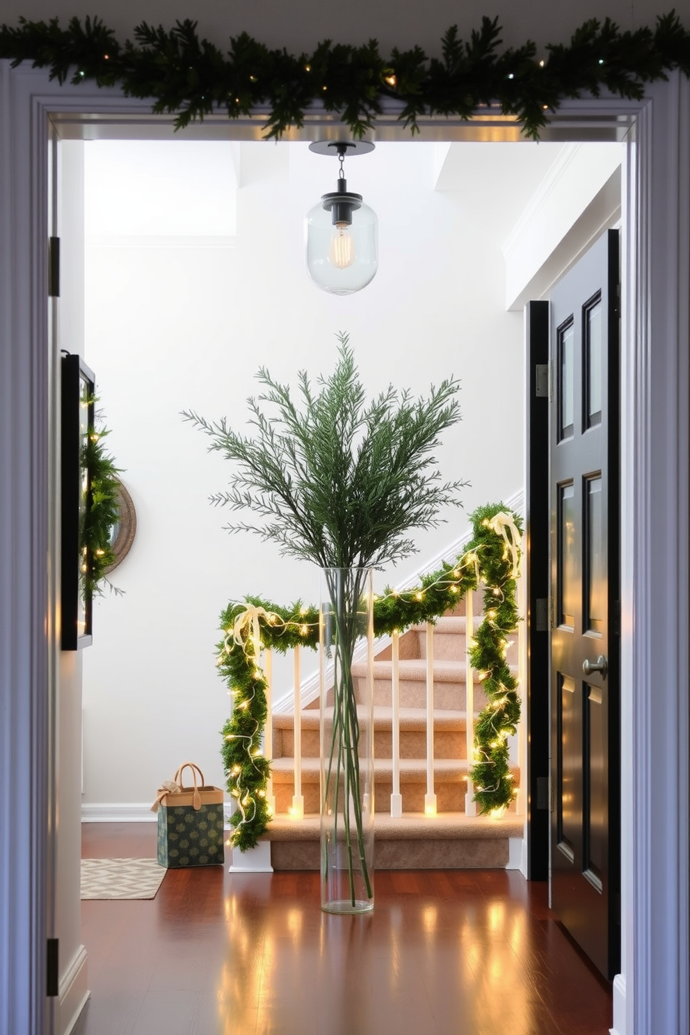 A festive entryway adorned with evergreen branches in a tall glass vase. The space is illuminated by warm white fairy lights draped along the staircase railing, creating a welcoming atmosphere.