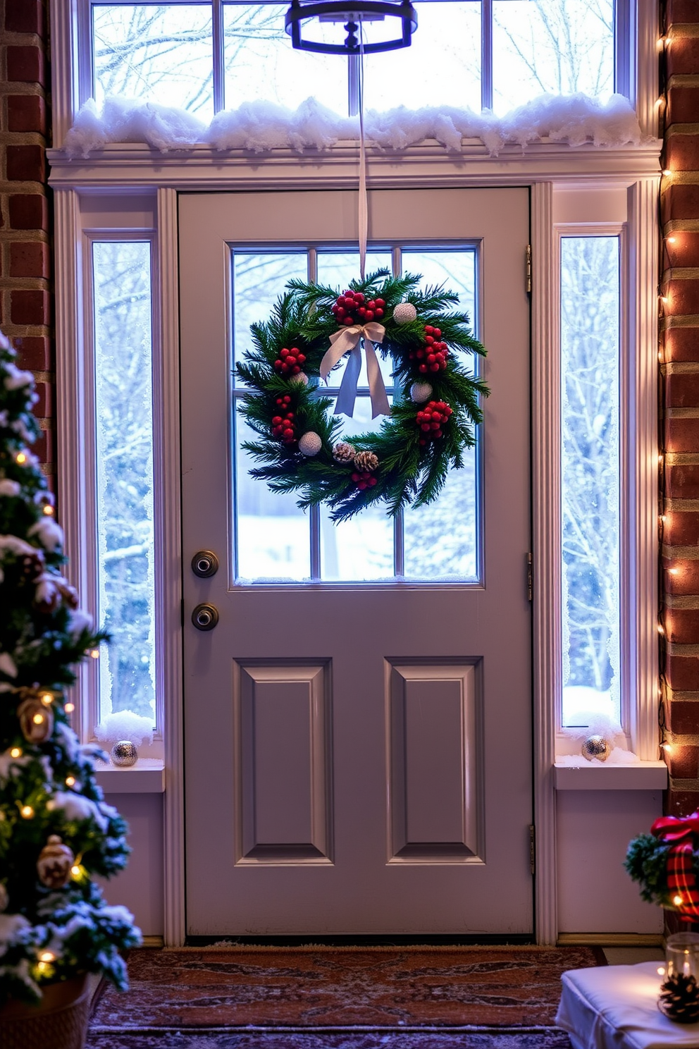 A cozy entryway adorned for Christmas. Faux snow gently rests on the window sills, creating a winter wonderland effect. A festive wreath hangs on the door, embellished with red berries and pinecones. Soft string lights illuminate the space, adding warmth to the holiday decor.