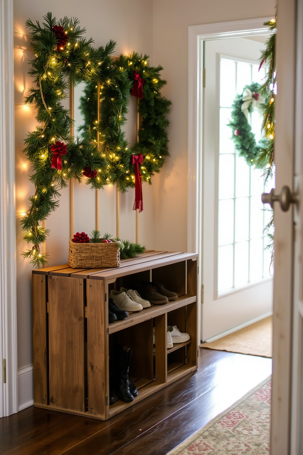 Chalkboard sign with festive greetings in an entryway adorned with Christmas decorations. The space features a cozy bench with plush cushions and a wreath hanging on the door, creating a warm welcome for guests.