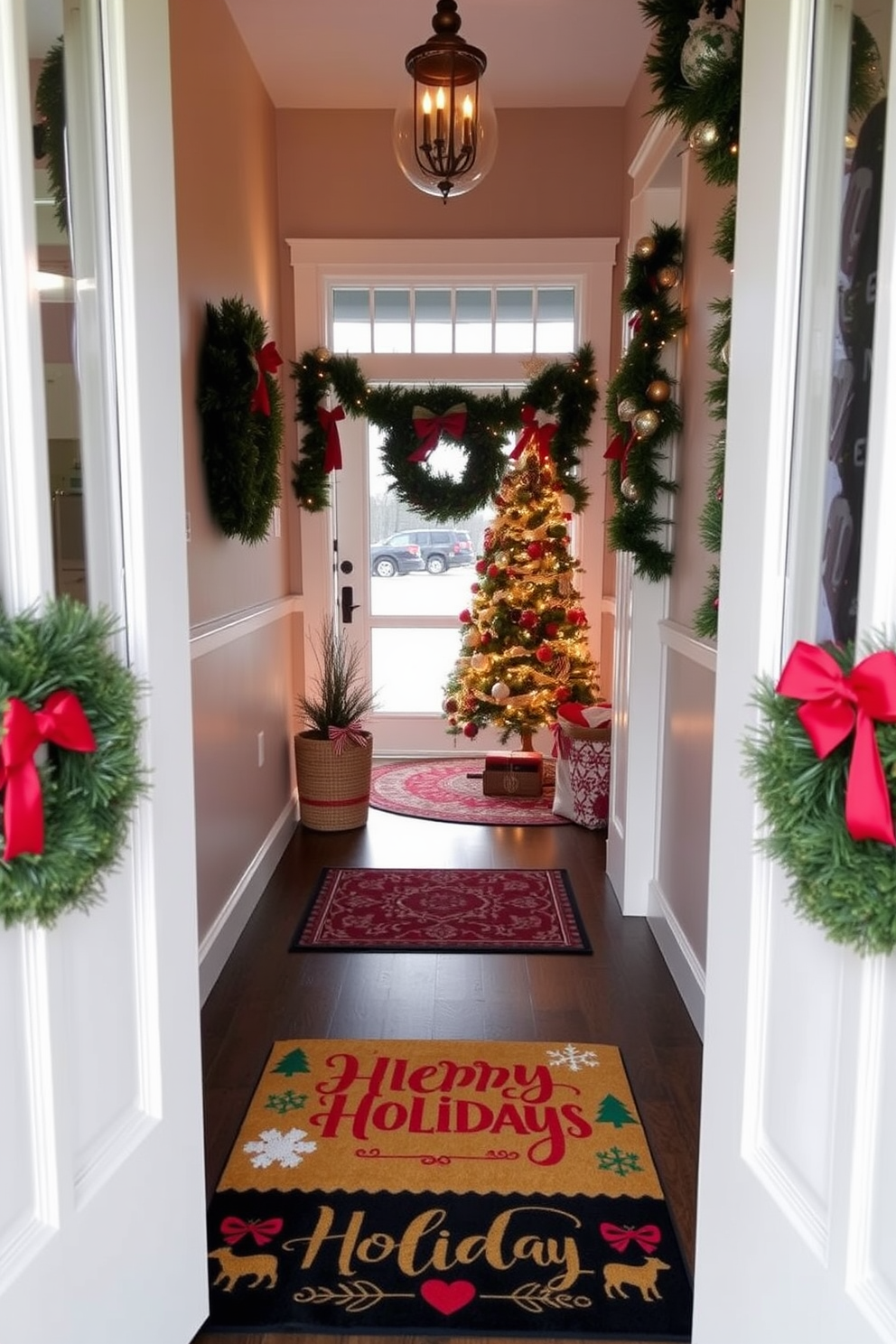 A cozy entryway featuring a stylish bench adorned with a soft faux fur throw. The space is decorated with festive Christmas accents, including a wreath on the door and twinkling lights draped along the walls.