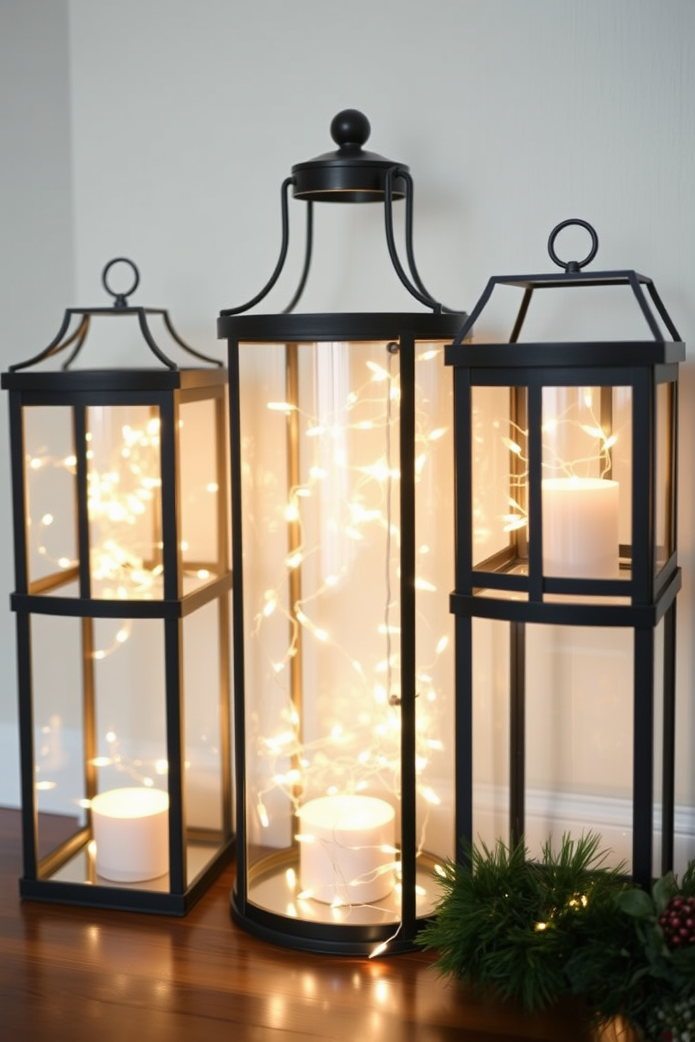 Charming lanterns filled with twinkling fairy lights create a warm and inviting atmosphere in the entryway. The soft glow of the lights enhances the festive spirit, making guests feel welcomed as they enter your home during the holiday season.