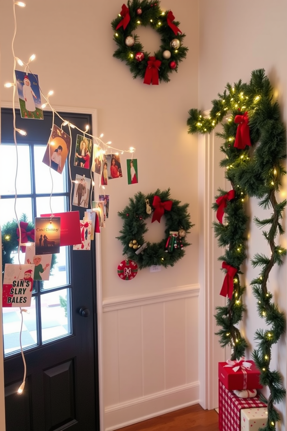 A charming entryway displays an array of colorful Christmas cards pinned to a string of twinkling fairy lights. The walls are adorned with festive wreaths and garlands, creating a warm and inviting atmosphere for the holiday season.