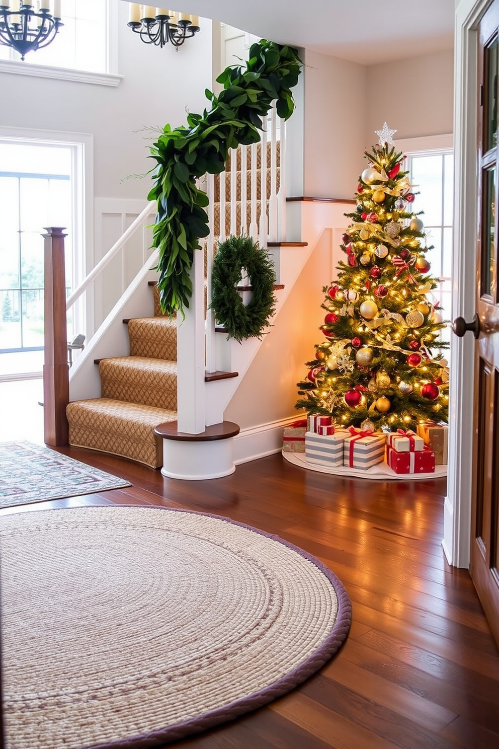 A warm and inviting entryway features layered rugs of varying textures and patterns, creating a cozy atmosphere. The base rug is a large neutral jute, topped with a smaller patterned wool rug that adds a pop of color. For Christmas decorating ideas, the entryway is adorned with festive touches such as a lush green garland draped over the staircase railing. A beautifully decorated Christmas tree stands in the corner, surrounded by wrapped gifts and twinkling fairy lights.