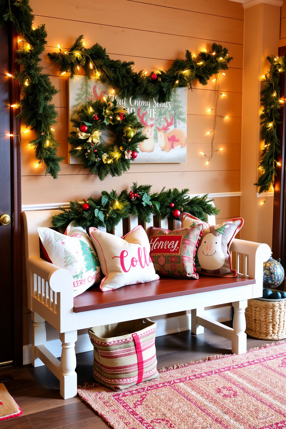 Cozy bench adorned with festive holiday pillows in a warm entryway. The walls are decorated with twinkling string lights and a lush green garland drapes over the bench.