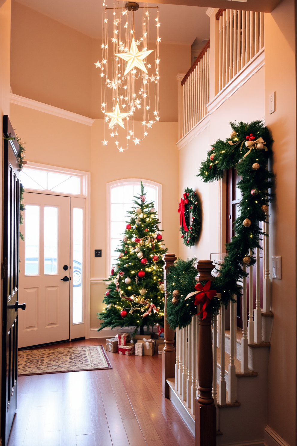 A warm and inviting entryway adorned for Christmas. Twinkling stars hang gracefully from the ceiling, casting a gentle glow over the space. A beautifully decorated tree stands in the corner, surrounded by wrapped gifts. Festive garlands drape over the staircase railing, adding to the holiday charm.