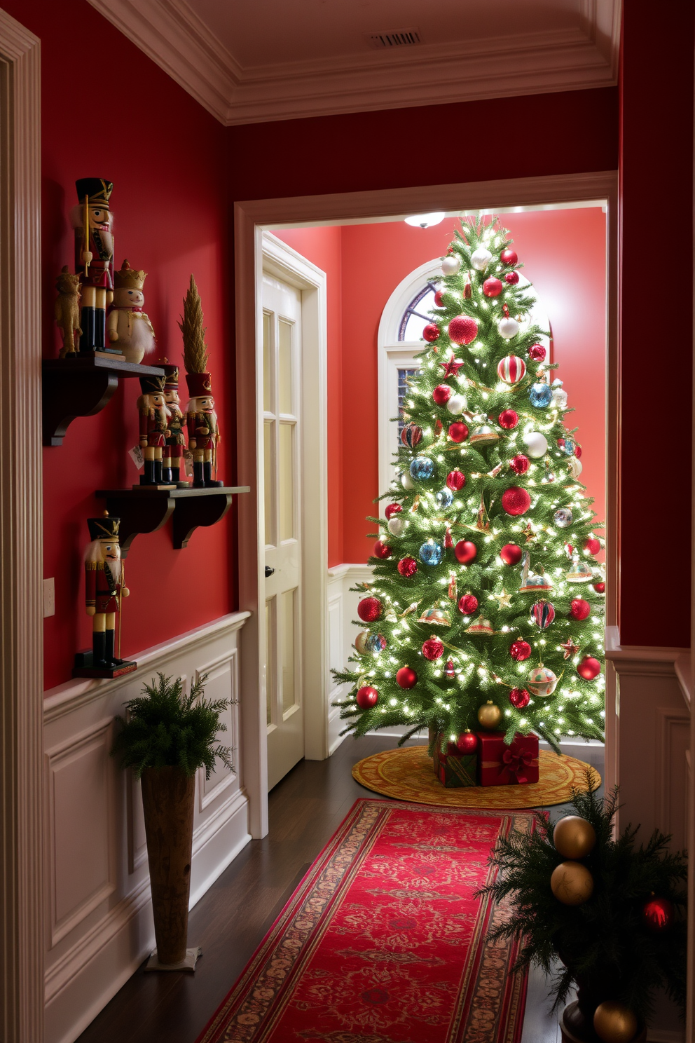 Seasonal pillows in festive colors are arranged on a cozy entryway bench, inviting warmth and comfort. The bench is adorned with a soft throw blanket, and a small decorative tree stands nearby, enhancing the holiday spirit. Brightly colored ornaments and twinkling lights are draped around the entryway, creating a cheerful atmosphere. A wreath made of fresh greenery hangs on the door, welcoming guests with a touch of seasonal charm.