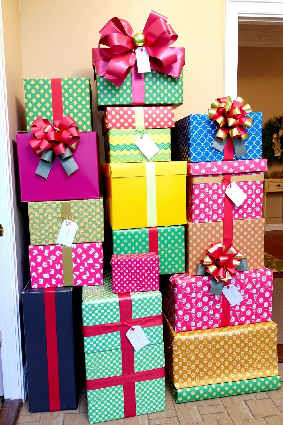 Colorful gift boxes stacked decoratively create a festive atmosphere in the entryway. The boxes vary in size and are wrapped in vibrant wrapping paper, adorned with oversized bows and tags, inviting guests into a cheerful holiday space.