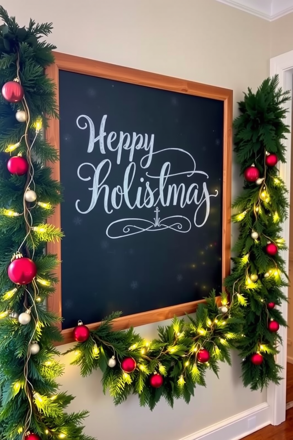 A charming entryway features a large chalkboard mounted on the wall, displaying a festive holiday greeting message in elegant white script. Surrounding the chalkboard are garlands of fresh greenery adorned with twinkling fairy lights and red ornaments, creating a warm and inviting atmosphere.