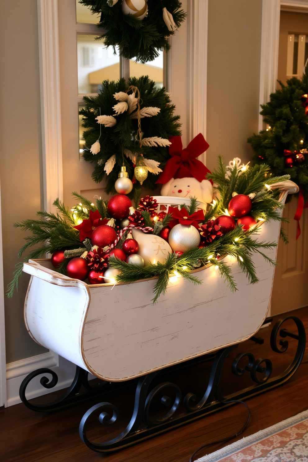 A charming entryway adorned for the holidays features a beautifully crafted sleigh filled with festive decor. The sleigh is overflowing with colorful ornaments, pine branches, and twinkling lights, creating a warm and inviting atmosphere.