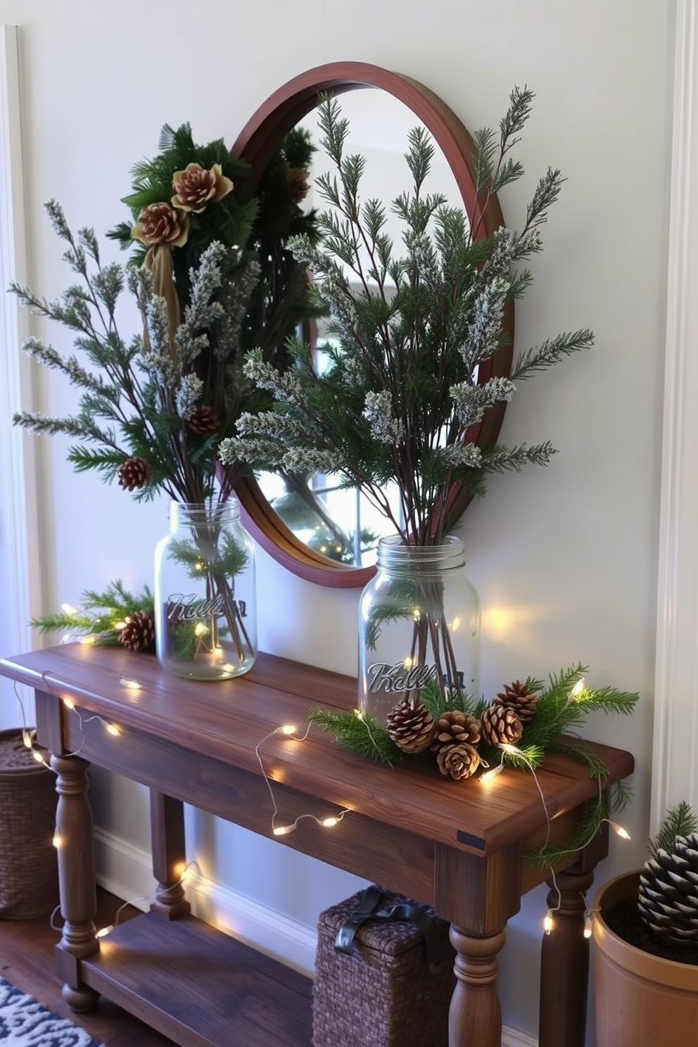 A cozy entryway adorned with mason jars filled with winter foliage. The jars are placed on a rustic wooden console table, surrounded by twinkling fairy lights and pinecones for a festive touch.