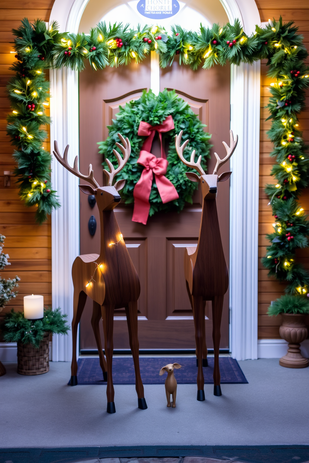 Wooden reindeer stand elegantly in the entryway, adorned with festive garlands and twinkling lights. The warm wood tones complement the surrounding decor, creating a cozy and inviting atmosphere for holiday gatherings. A beautifully arranged entryway features the wooden reindeer alongside a lush green wreath on the door. Soft, ambient lighting highlights the reindeer's intricate carvings, adding a touch of charm to the Christmas decor.