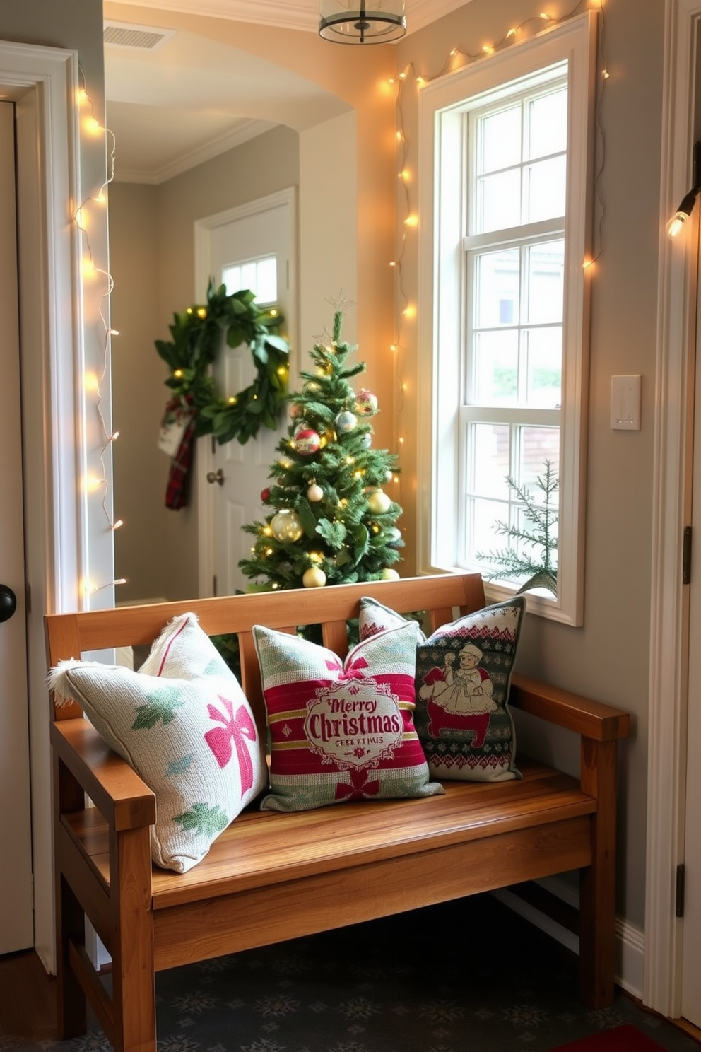 A beautifully crafted holiday-themed table runner stretches across a rustic wooden dining table. The runner features intricate patterns of snowflakes and holly leaves in rich red and green hues, creating a festive centerpiece for family gatherings. In the entryway, a charming display of Christmas decorations welcomes guests with warmth. A wreath adorned with pinecones and berries hangs on the door, while a small table showcases a collection of candles and a festive runner to enhance the seasonal spirit.