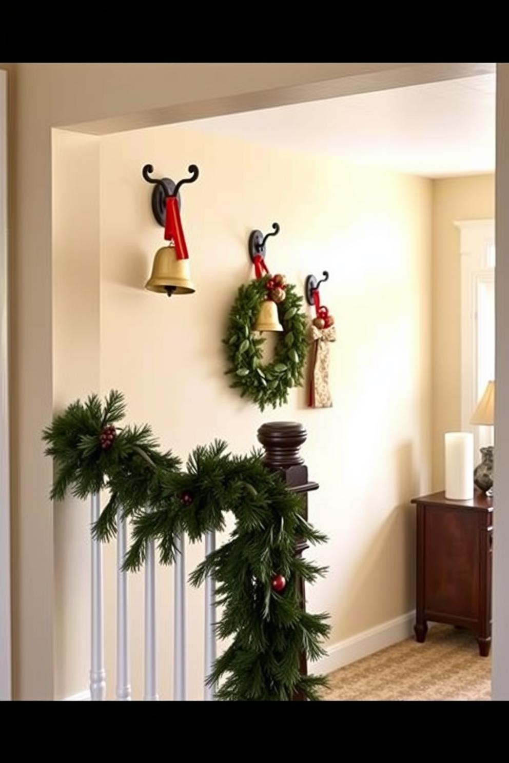 A charming entryway adorned with decorative sleigh bells hanging from rustic hooks. The walls are painted in a warm cream color, and a festive garland drapes gracefully along the staircase railing.