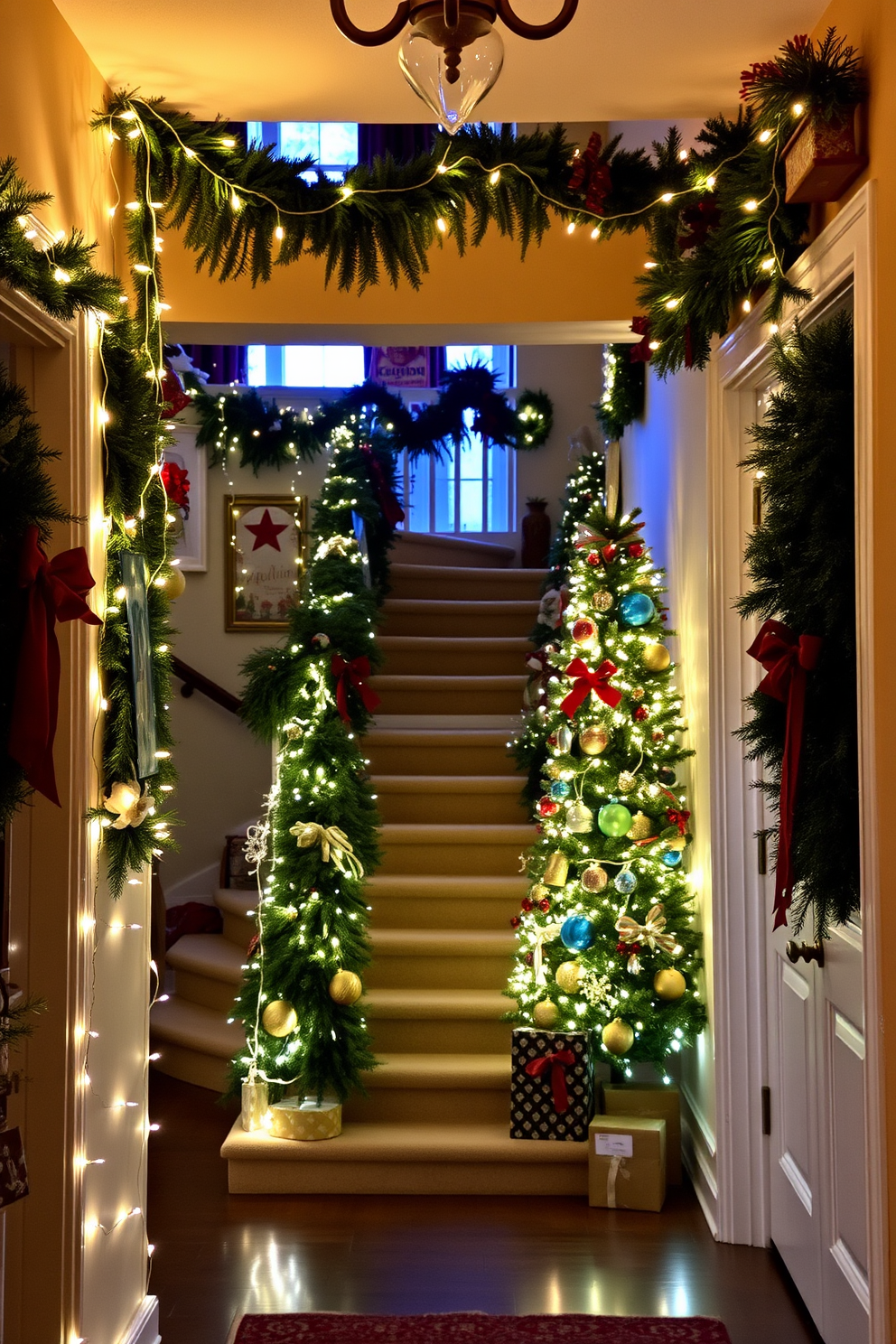 A cozy entryway adorned with festive decorations. String lights are elegantly draped along the entryway mirror, casting a warm glow that enhances the holiday spirit. A mix of greenery and ornaments is tastefully arranged on a console table nearby. Plush holiday-themed cushions are placed on a bench, inviting guests to enjoy the festive atmosphere.