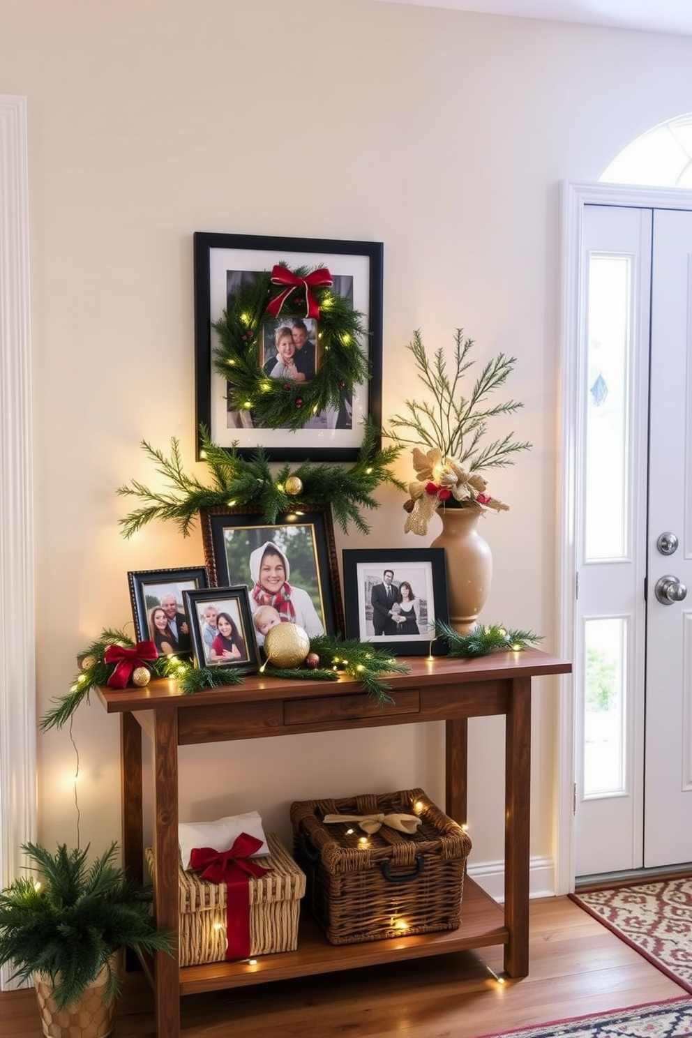 A festive entryway adorned with a large bowl filled with brightly colored ornaments in vibrant red, green, and gold hues. The bowl is placed on a rustic wooden console table, surrounded by twinkling fairy lights and a small evergreen wreath.