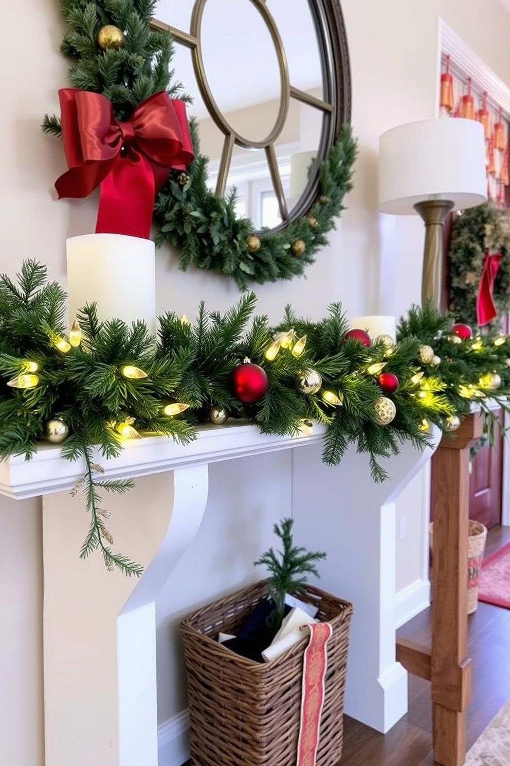 A charming entryway featuring a vintage sled as a decorative accent. The sled is propped against the wall, adorned with evergreen branches and red ribbons for a festive touch. The floor is covered with a cozy plaid rug, and a small table beside the sled holds a collection of holiday-themed décor. Soft white lights illuminate the space, creating a warm and inviting atmosphere.