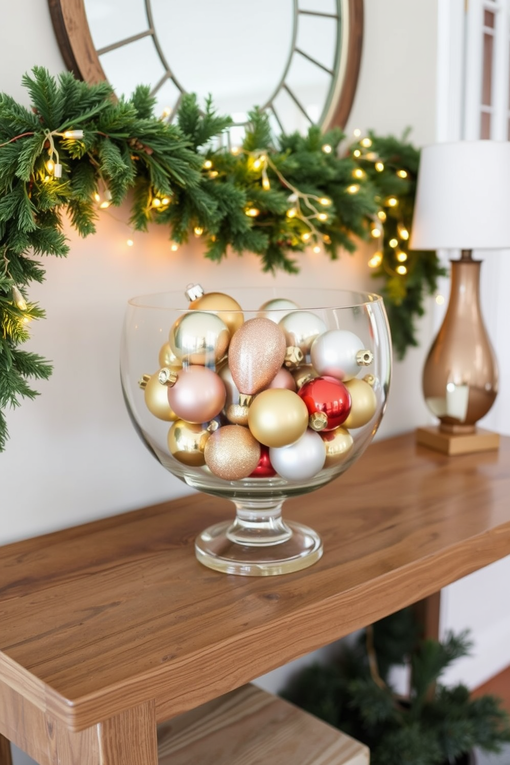 A beautifully arranged entryway showcasing a glass bowl filled with vintage Christmas ornaments. The bowl sits atop a rustic wooden console table, adorned with a warm garland and twinkling fairy lights.