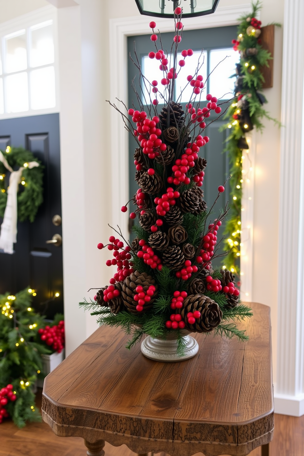 A festive entryway adorned with colorful stockings hung with care creates a warm and inviting atmosphere. The walls are painted in a soft cream, and a lush green garland drapes elegantly along the staircase railing. A vintage console table is decorated with twinkling fairy lights and a collection of holiday-themed decor. A cheerful welcome mat featuring a holiday motif greets guests at the door, enhancing the seasonal charm.