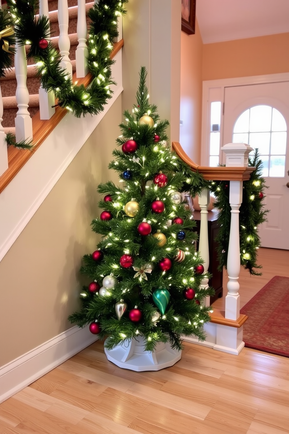 A charming mini Christmas tree sits in the corner of the entryway, adorned with twinkling white lights and colorful ornaments. Surrounding the tree, festive garlands drape along the staircase railing, enhancing the warm and inviting atmosphere of the space.