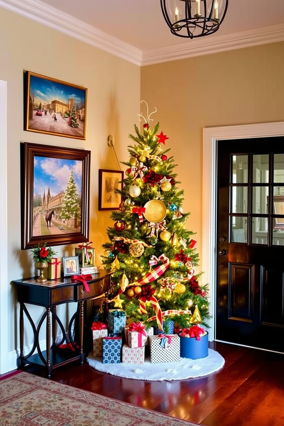 A warm and inviting entryway adorned with Christmas-themed artwork on the walls. The space features a beautifully decorated Christmas tree in the corner, surrounded by wrapped gifts and twinkling lights.