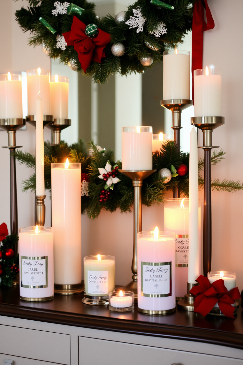 A beautifully styled console table adorned with seasonal scented candles in various heights and colors. The warm glow of the candles complements the festive decorations, creating a welcoming atmosphere for the entryway during the Christmas season.