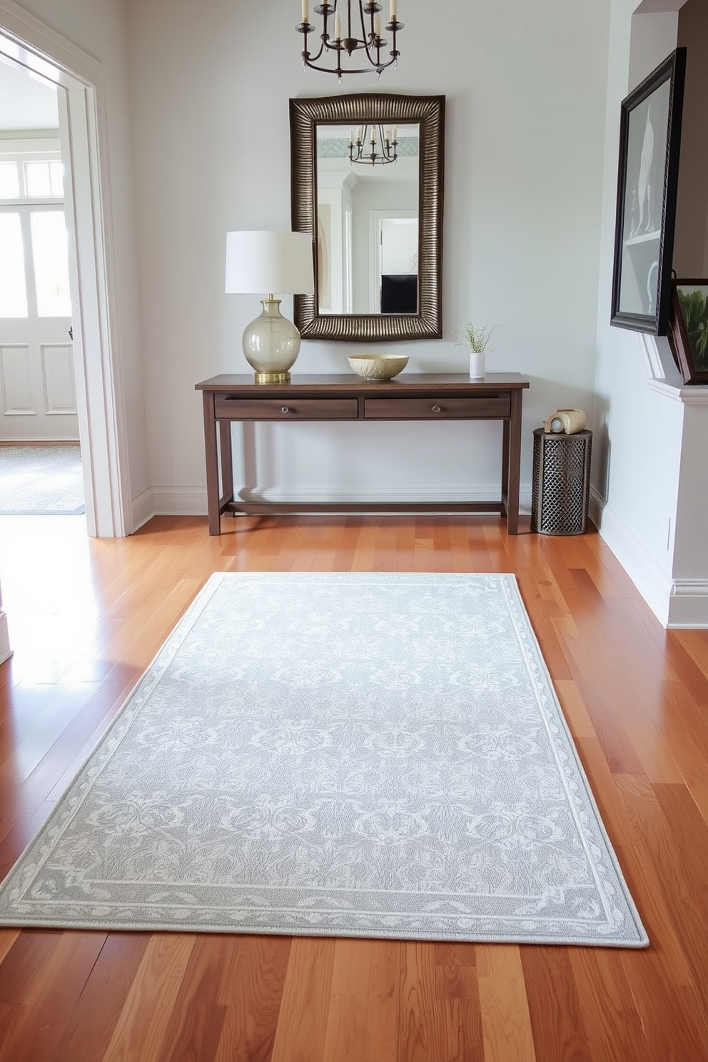 A stylish entryway featuring open shelving that elegantly displays a curated selection of decor items. The shelves are made of light wood and are adorned with potted plants, books, and decorative boxes, creating a warm and inviting atmosphere.