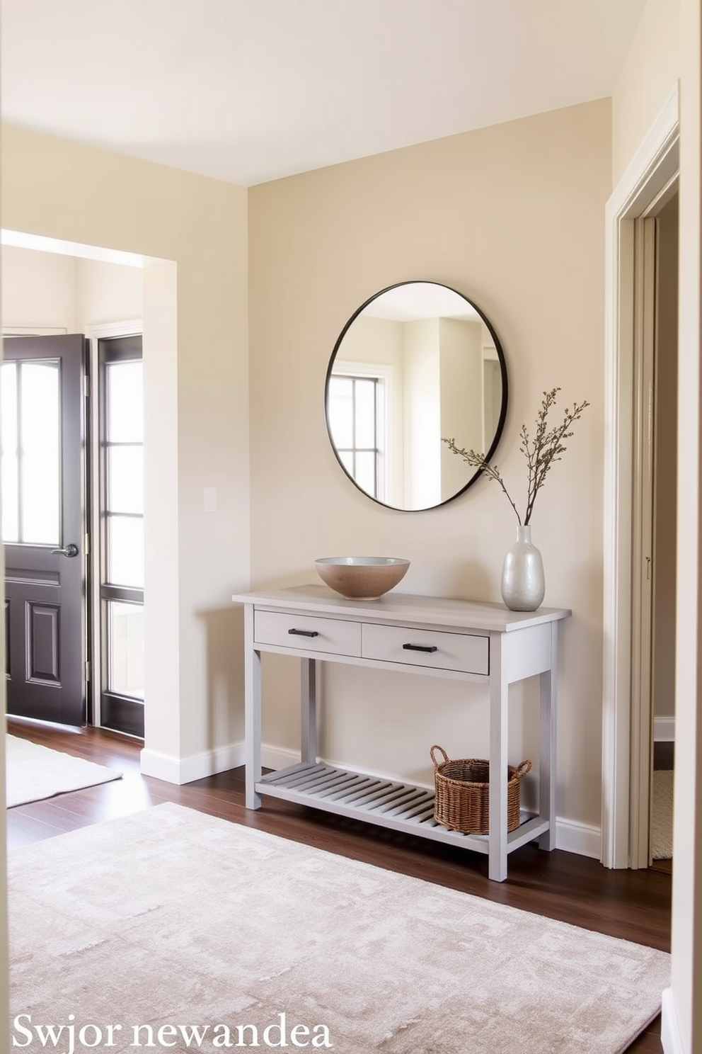 A serene entryway featuring a neutral color palette that promotes a calming vibe. The walls are painted in soft beige, complemented by a light gray console table adorned with a simple decorative bowl. A large round mirror hangs above the console, reflecting natural light from the nearby window. A plush area rug in muted tones lies underfoot, inviting guests into the space with warmth and comfort.