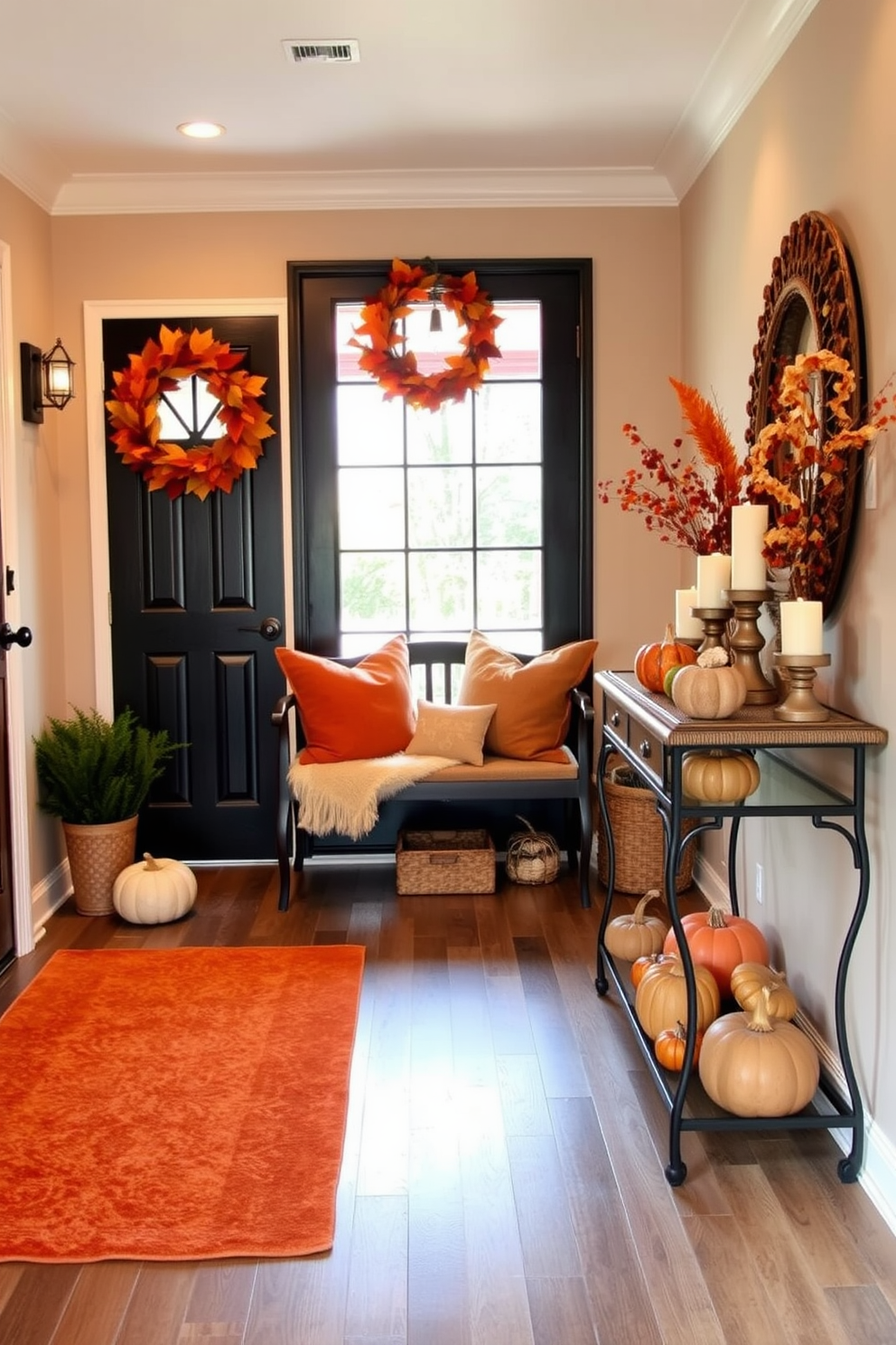 Oversized artwork serves as a striking focal point in the entryway, drawing immediate attention as guests enter the space. The artwork is framed in a sleek black frame, contrasting beautifully with the soft neutral wall color. The entryway features a stylish console table beneath the artwork, adorned with decorative objects and a statement lamp. A plush area rug in warm tones adds texture and invites guests into the home.