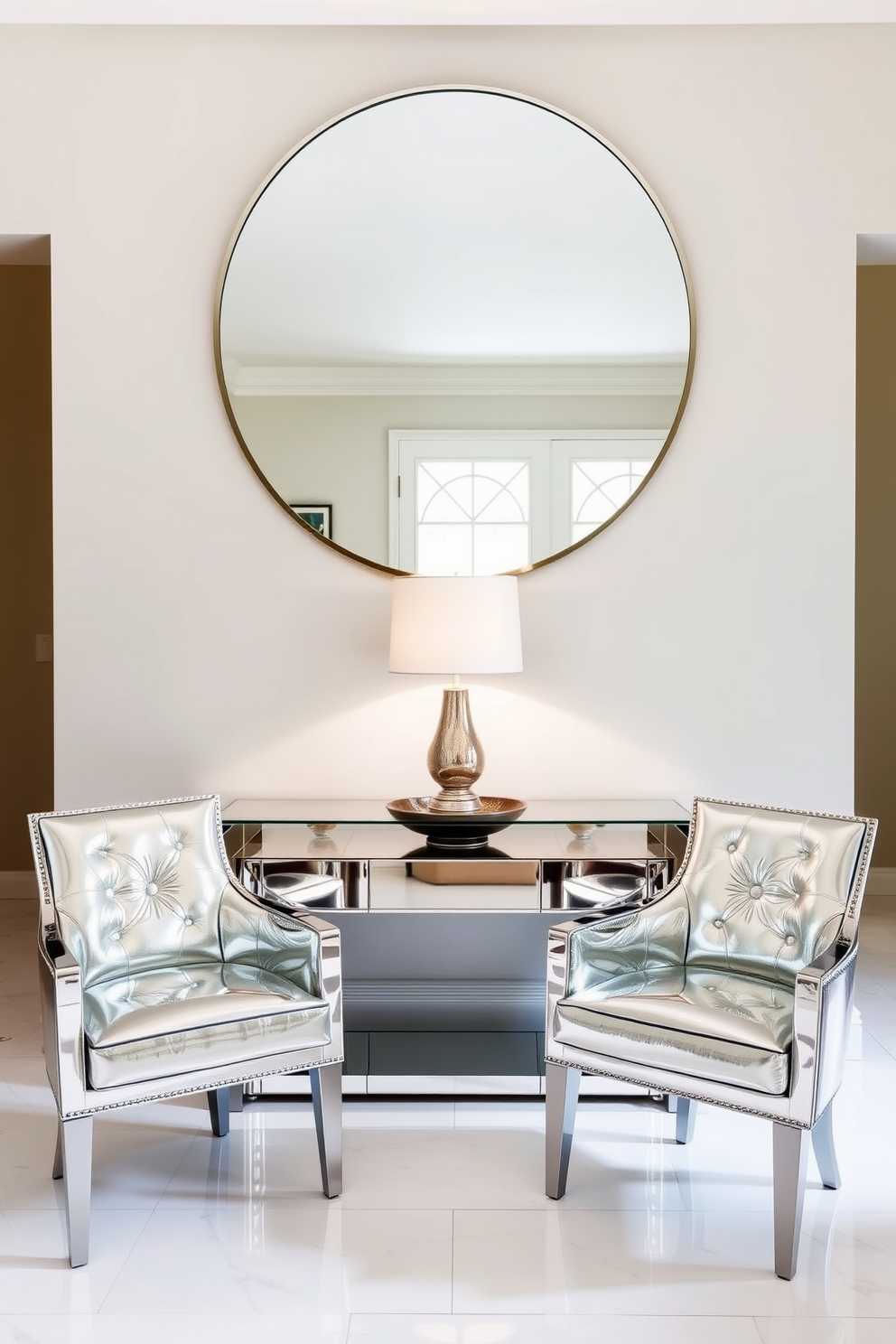 A chic entryway featuring mirrored furniture that enhances the sense of light and space. The focal point is a sleek mirrored console table adorned with a stylish lamp and a decorative bowl. Flanking the console are two elegant mirrored accent chairs that invite guests to sit. The walls are painted in a soft neutral tone, and a large round mirror hangs above the table, creating an illusion of depth.