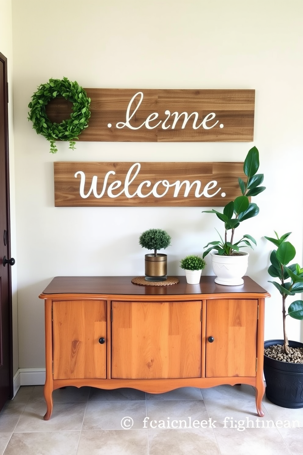 A charming entryway featuring a personalized welcome sign made of reclaimed wood. The space is adorned with a vintage console table, a decorative mirror, and potted plants that add a touch of greenery.