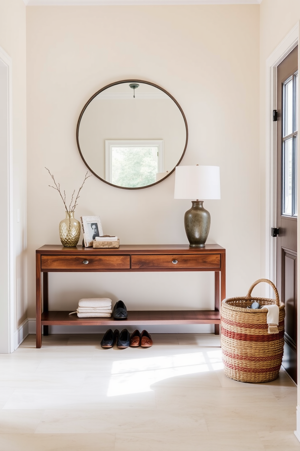 A welcoming entryway featuring a cohesive color scheme that blends soft neutrals and warm earth tones. The walls are painted in a light beige, complemented by a rich brown console table adorned with decorative items. A large round mirror hangs above the console, reflecting natural light from a nearby window. A woven basket sits on the floor, adding texture and providing storage for shoes and accessories.