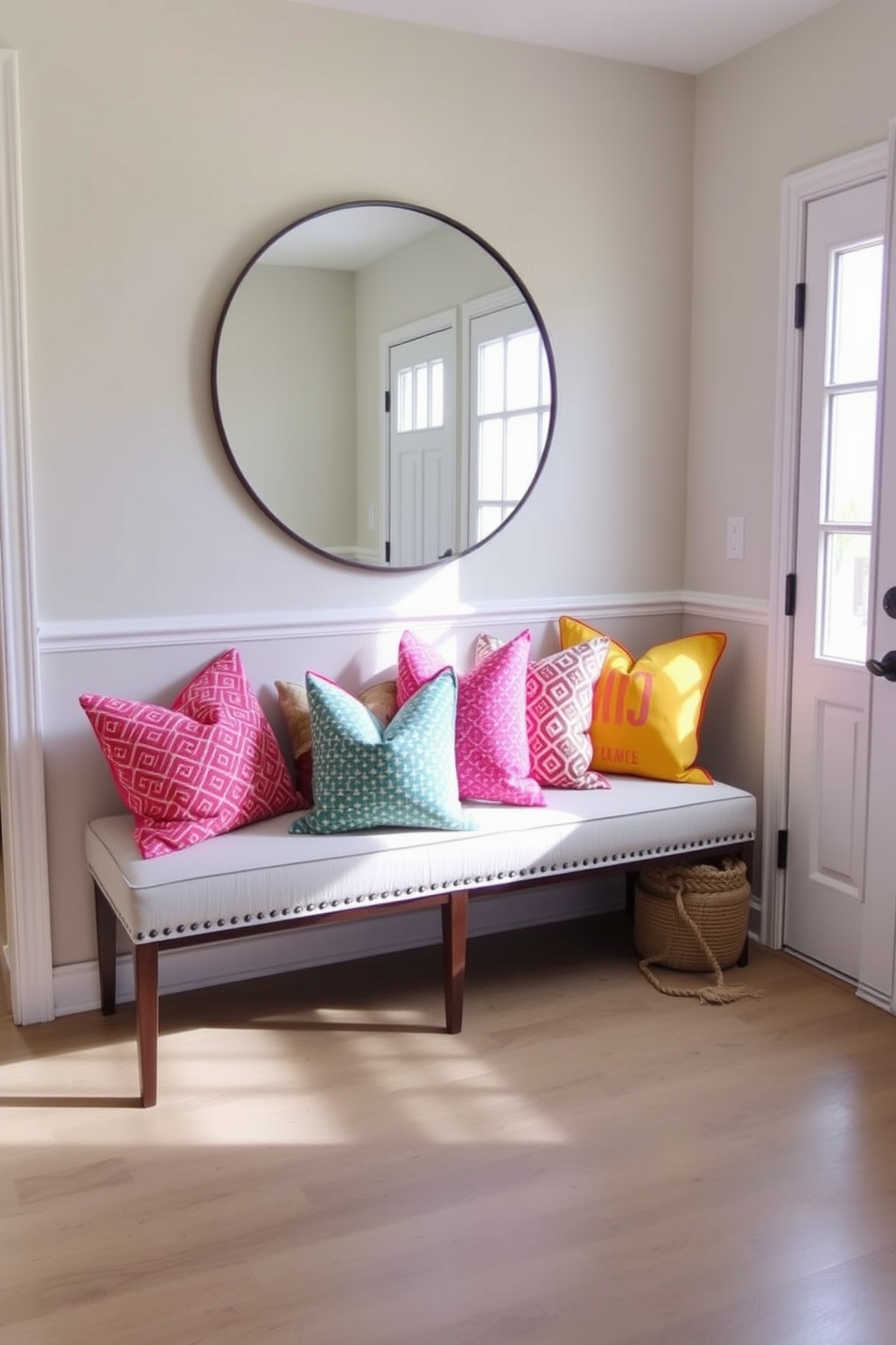 A welcoming entryway features a stylish bench adorned with vibrant throw pillows in various colors and patterns. The walls are painted in a soft neutral tone, and a large round mirror hangs above the bench, reflecting natural light that floods the space.