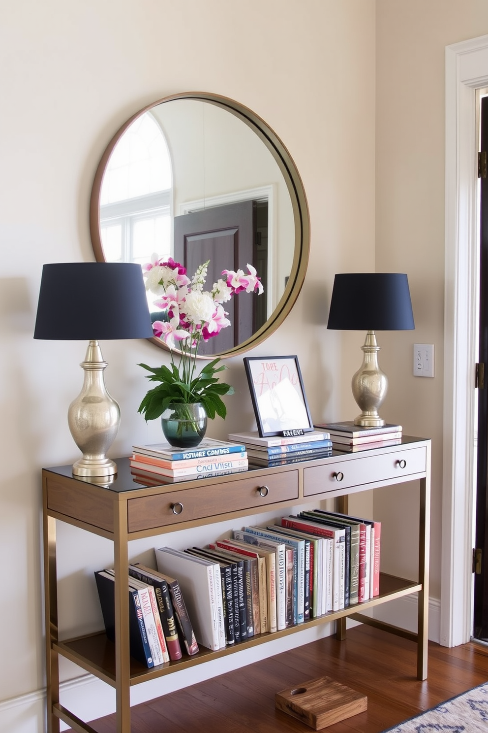 A welcoming entryway adorned with seasonal decor. The walls are painted a soft beige, and a large mirror with an ornate frame reflects the natural light coming through the door. A tasteful arrangement of autumn leaves and pumpkins is displayed on a wooden console table. A cozy woven basket filled with warm blankets sits beside the table, inviting guests to feel at home.