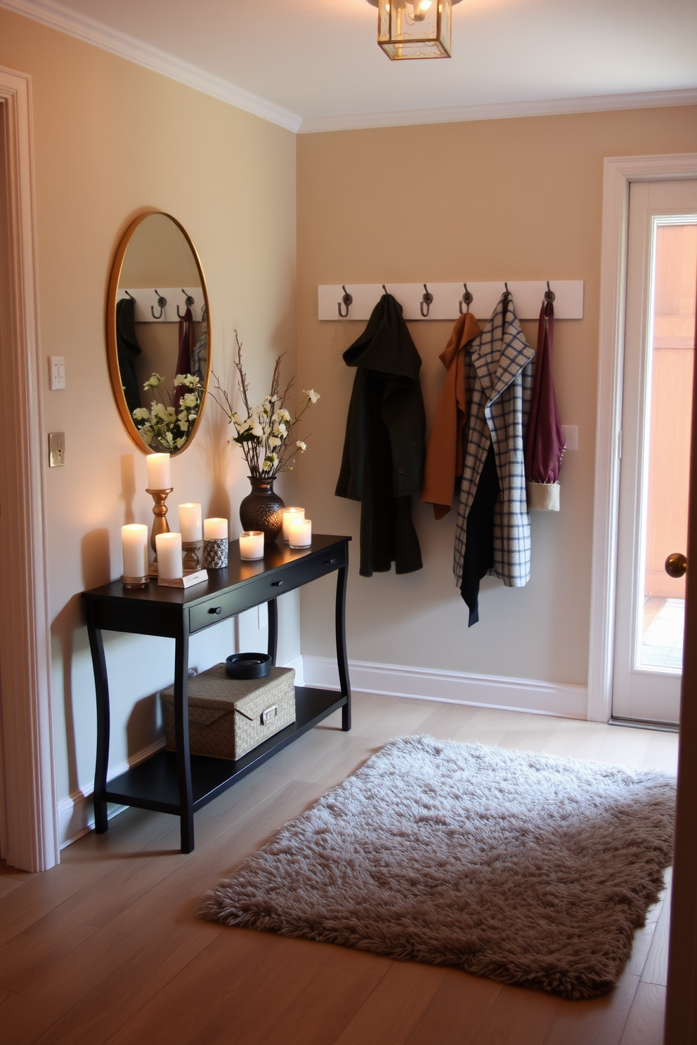 A luxurious runner rug is placed in the entryway, featuring an intricate pattern and rich colors that complement the surrounding decor. The entryway is adorned with elegant lighting and a stylish console table, creating a warm and inviting atmosphere.