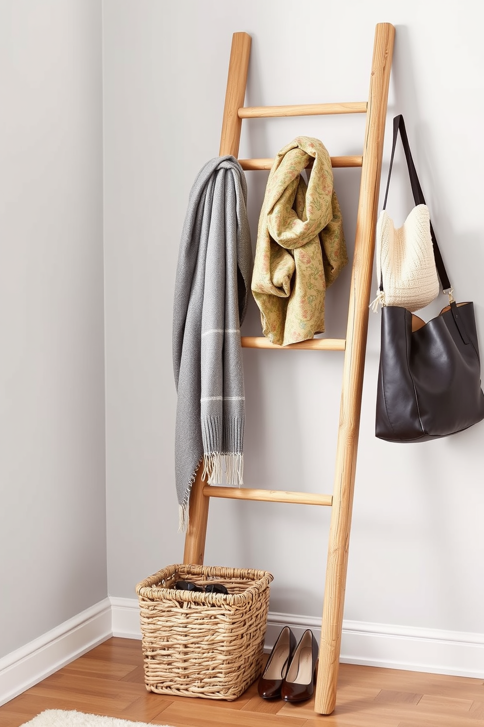 A chic ladder made of natural wood leans against a soft gray wall, providing a stylish place to hang scarves and bags. Below the ladder, a small woven basket adds texture and serves as a catch-all for shoes or accessories.